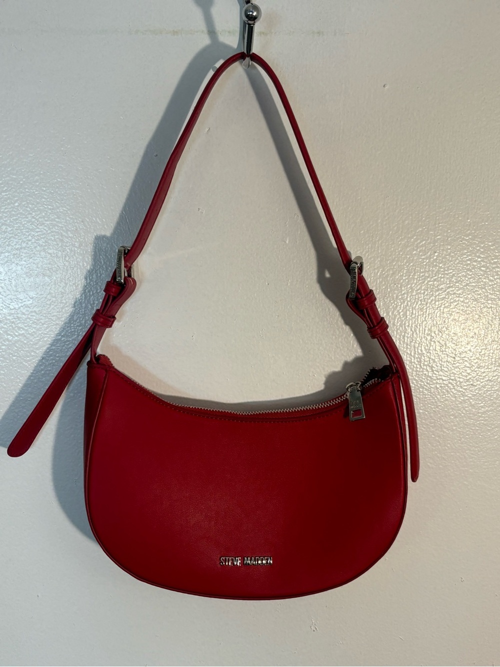 Steve Madden Red Crescent Shoulder Bag with Silver Hardware